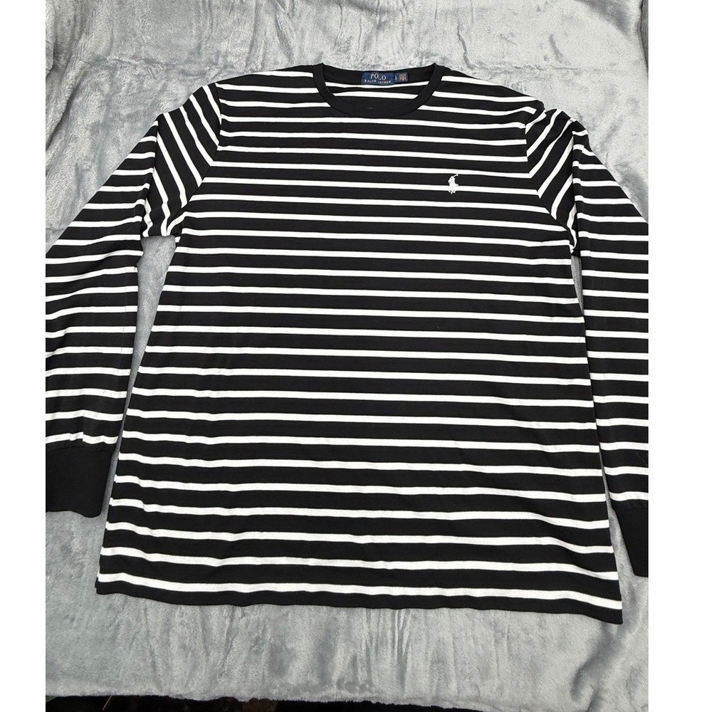 Polo Ralph Lauren Mens Long Sleeve Striped T-Shirt Black White LG Cotton